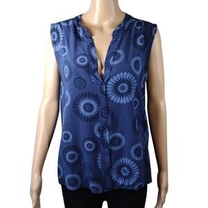 Linda Made In Italy Navy Blue Circle Floral Flowy Tank Top Button Down Tee Shirt